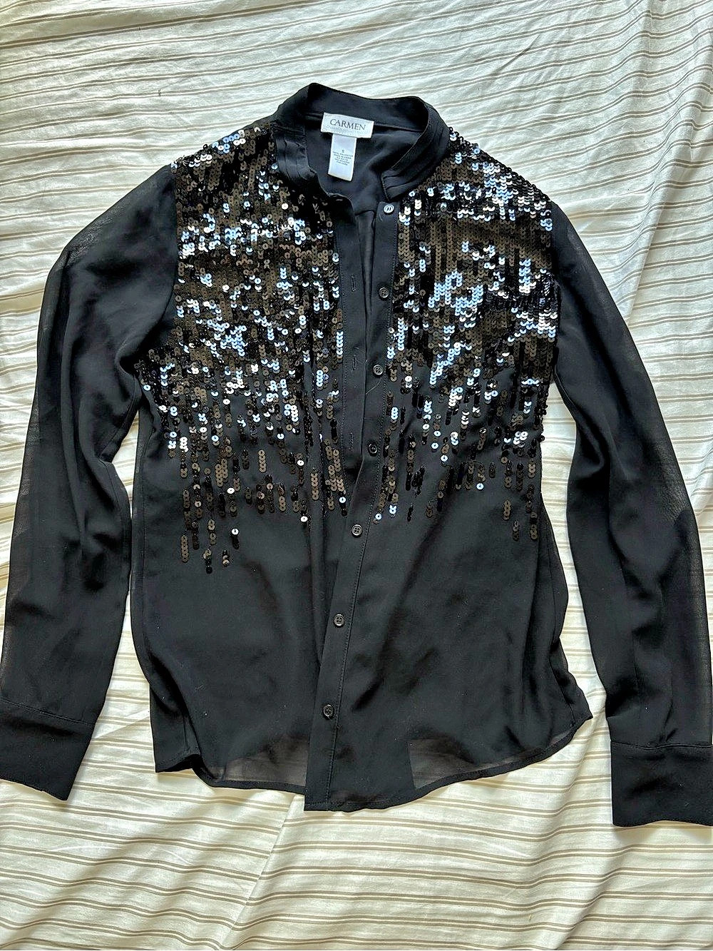 Carmen Sequin Button Down Blouse in Black Size Small